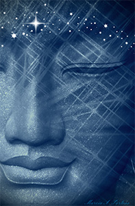 Closeup of the face of a blue Buddha.
