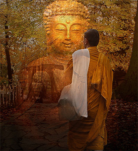A monk walking toward a transparent Buddha statue.
