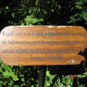Words written on a board:To speak no ill, to do no harm, to practise restraint according to the fundamental precepts, to be moderate in eating, to live in seclusion, to devote oneself to higher consciousness, this is the Teaching of the Buddhas