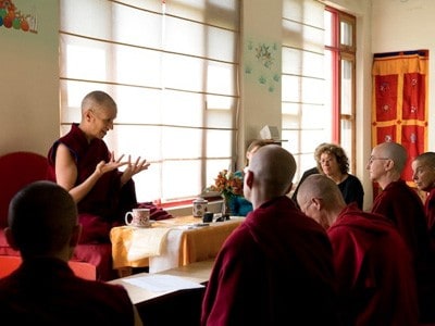 Venerable teaching at Thösamling Institute in India.