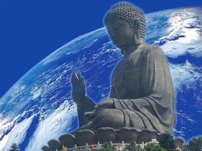 Buddha statue superimposed over earth.