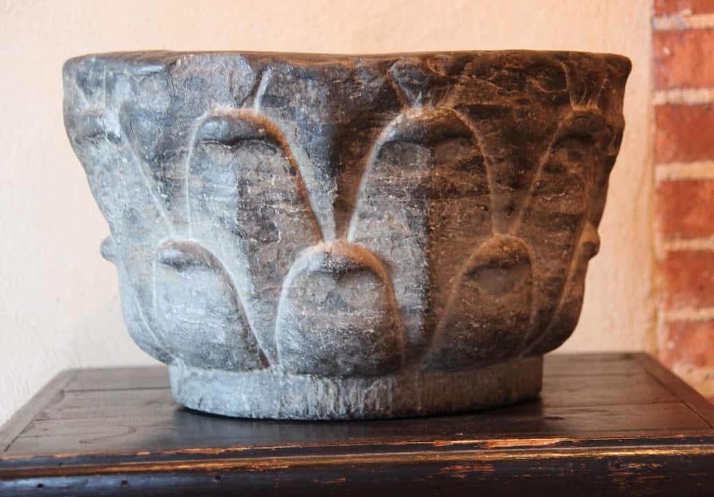 Jewish stone ablution bowl in lotus leaves