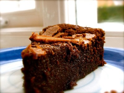 A slice of chocolate cake on a plate.