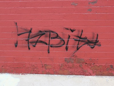 The word 'habits' spray painted on a red brick wall.