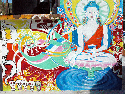 Colorful mural on Vajrasattva on a building in Mexico.