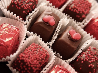 Valentine candies in a box.