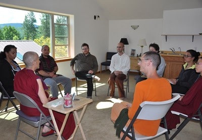 Venerable Chodron in discussion with a group of young adults