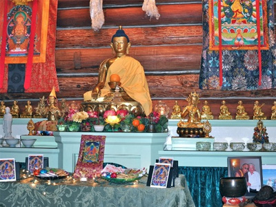 The Abbey altar, prepared for Medicine Buddha puja.