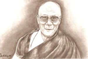 Black and white pencil drawing of His Holiness the Dalai Lama.