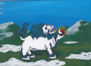 Oil painting of a Tibetan lion.