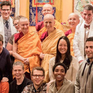 Group photo of retreatants from the Shantideva Meditation Center talk standing with Abbey nuns..