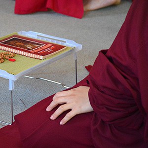 Closeup of a monastic's hand, a prayer book, and mala.