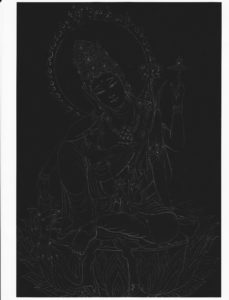 Black and white drawing of Kuan Yin.