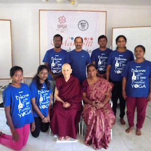 Students and instructors from Manushi School gathered around Ven. Chodron.