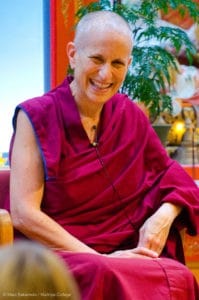 Ven. Chodron teaching at Maitripa College and smiling.