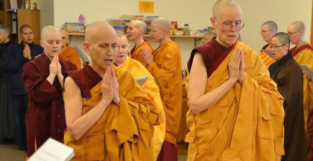 Ven. Chodron leading a group of monastics in a chant.