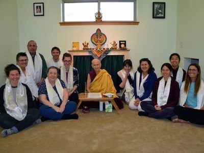 Group of lay students with Venerable Chodron after precept ceremony.