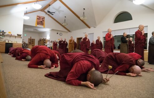 Nuns from different traditions do Chinese chanting and bowing at Sravasti Abbey.