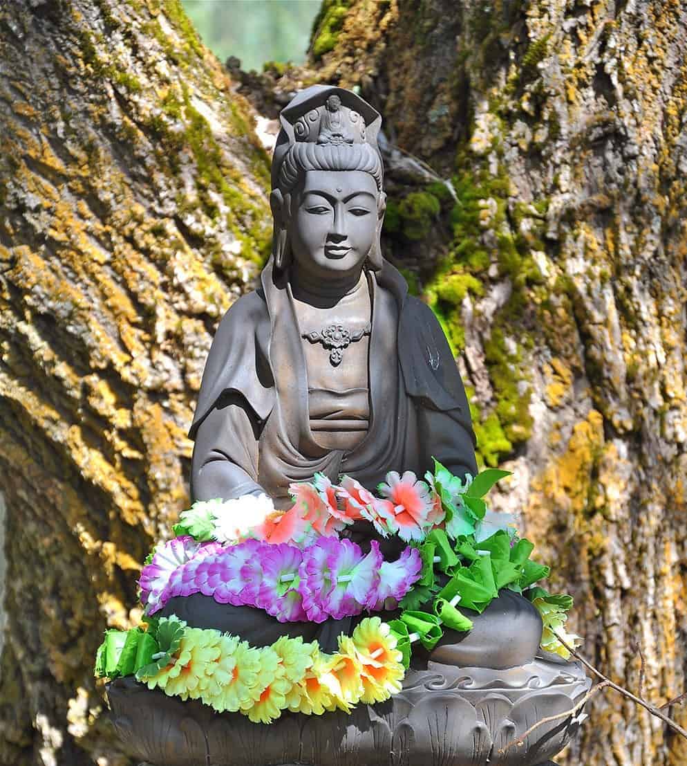 Kuan Yin statue on a pedestal with a flower garland in her lap under a tree.