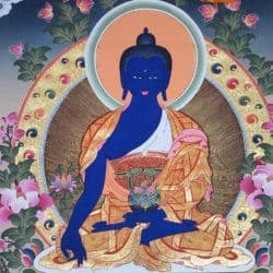 Blue medicine Buddha with right hand outstretched on his knee and left hand holding an alms bowl with nectar.