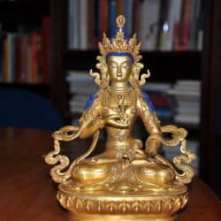 Bronze Vajrasattva statue in front of bookcases.