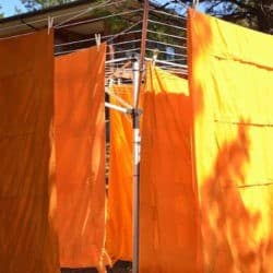 Yellow monastic robes hang on laundry lines.