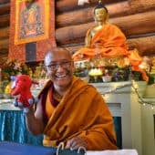 Geshe Dadul Namgyal holds a stuffed elephant and smiles at the camera.