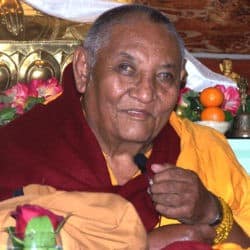 Khensur Jampa Tegchok holds a microphone.