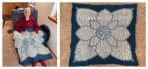 Venerable Chodron holding a blue and white blanket with a lotus design, hand-made by two incarcerated people.