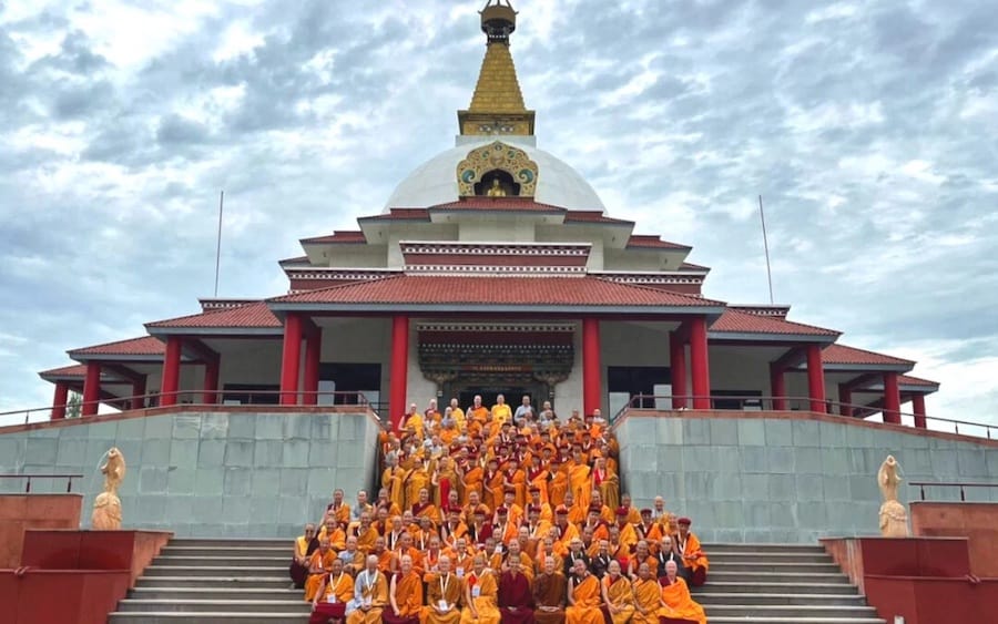 Participants in the international bhikshuni varsa 2023 take a group photo at the Great Shravasti Buddhist Cultural Center.