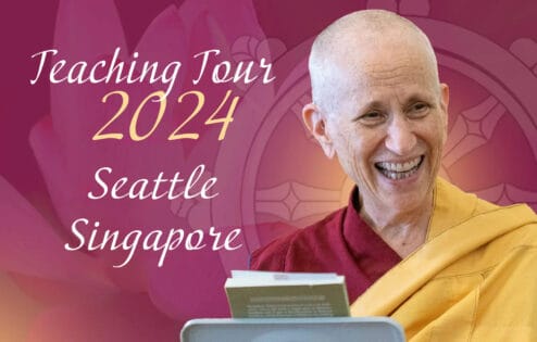 Teaching tour 2024, Seattle and Singapore showing Venerable Chodron smiling.